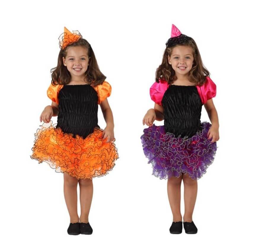 Costume da strega con gonna a volant per bambina in colori e