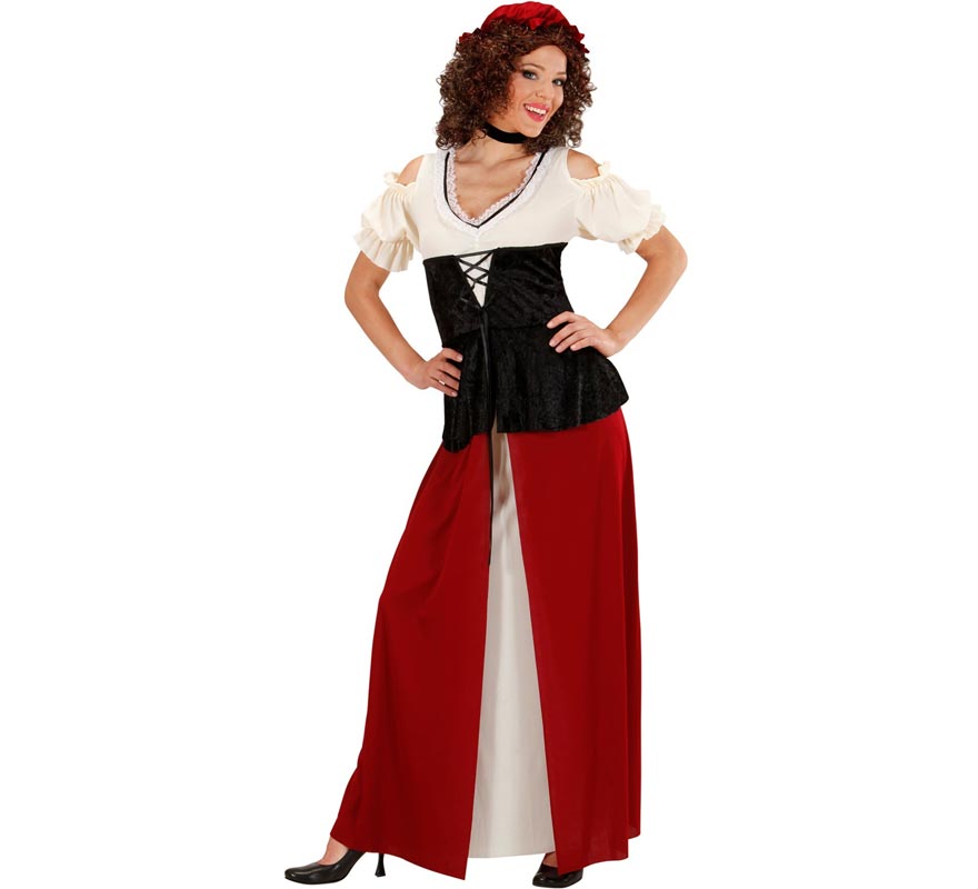 Déguisement de tavernière médiévale avec collier et coiffe pour femme-1
