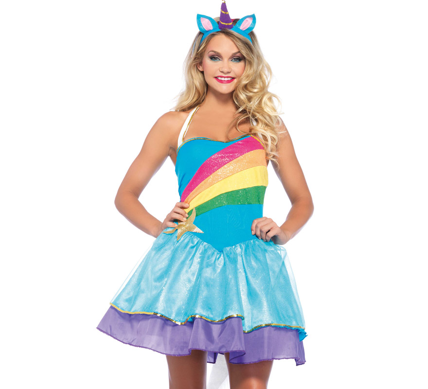 Costume Donna Unicorno Colorato Arcobaleno Travestimento Carnevale