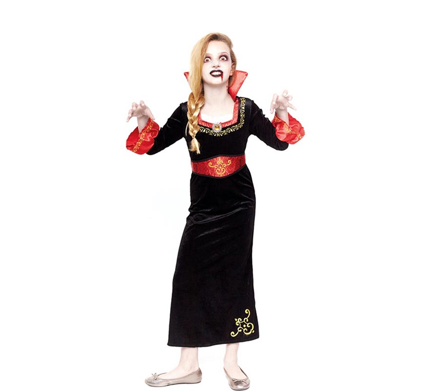 DEGUISE TOI Costume Da Vampiro Per Bambina, Vestito Lungo Rosso E Nero Con Pizzo E Colletto Ampio. Ideale Per Halloween E Feste In Maschera. Taglia M (7-9 Anni, 120-130 Cm).