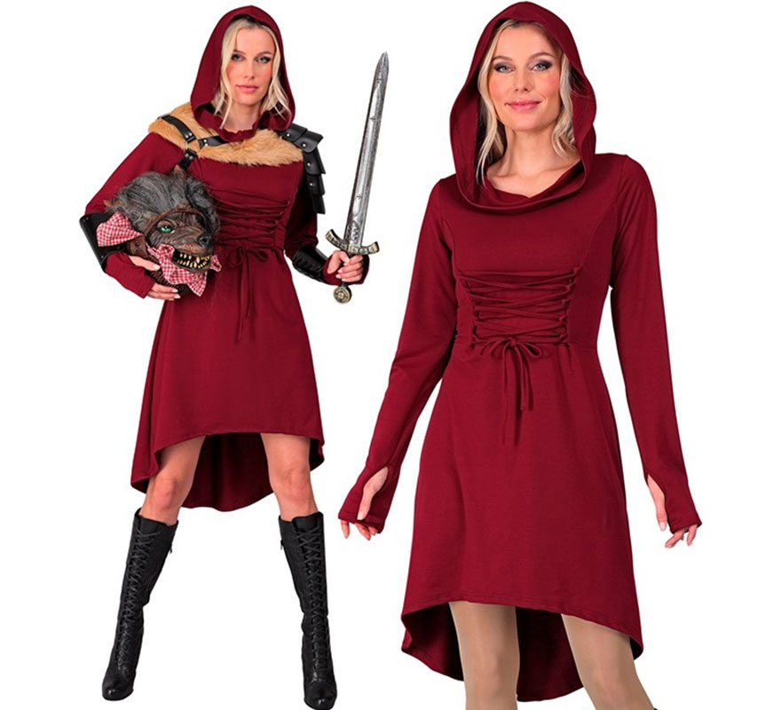 Disfraz o Vestido Medieval rojo con Capucha para mujer