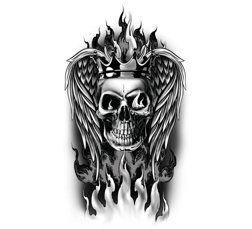 Schwarz-weißes flammendes Totenkopf-Tattoo-0