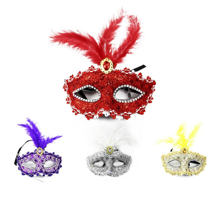 Maschera di Carnevale con piume e gemme in colori assortiti