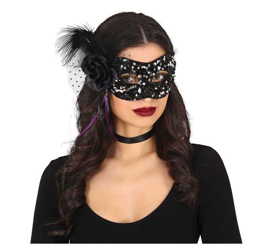 Black Sequin Mask in various colors with Flower