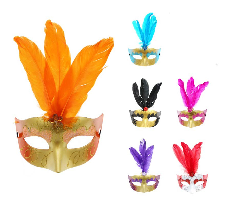 Antifaz Carnaval con plumas cortas colores surtidos
