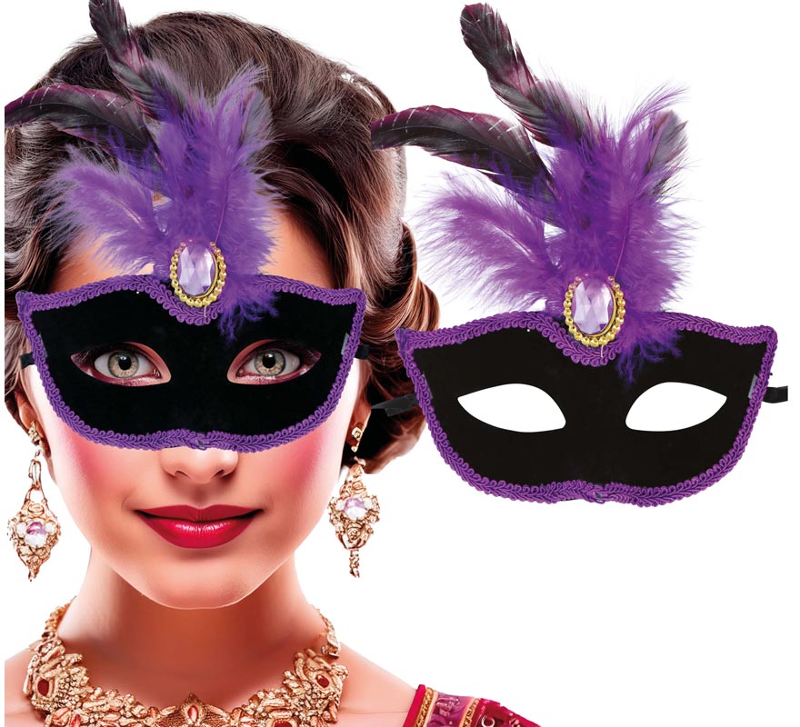 Antifaz Veneciano negro con Plumas lilas Antifaz Veneciano negro con Plumas lilas