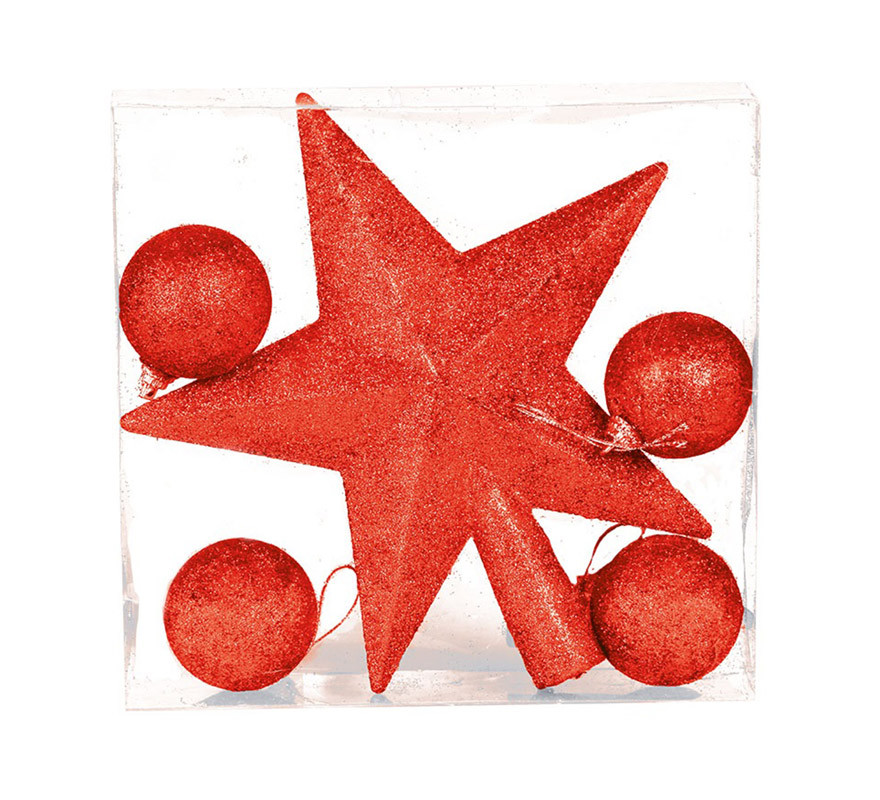Blíster con Remate de Estrella Rojo con 4 Bolas 40 mm de 19 cm