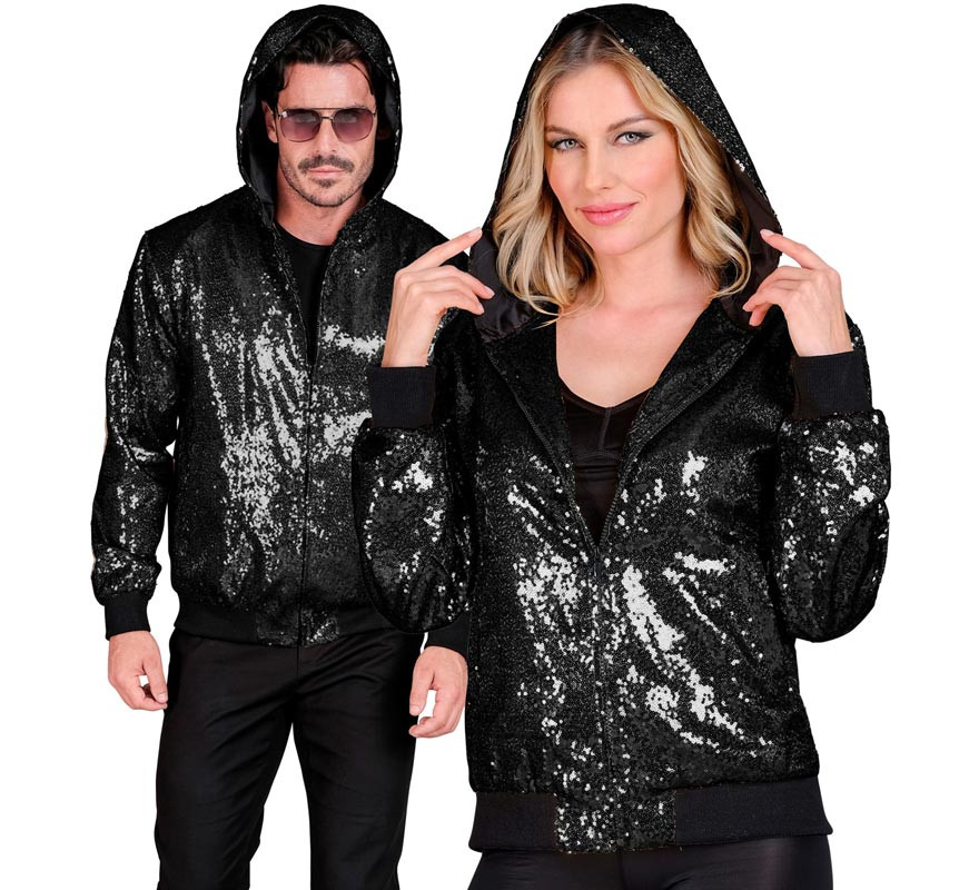 Bomber Moda preto com capuz e lantejoulas para adulto