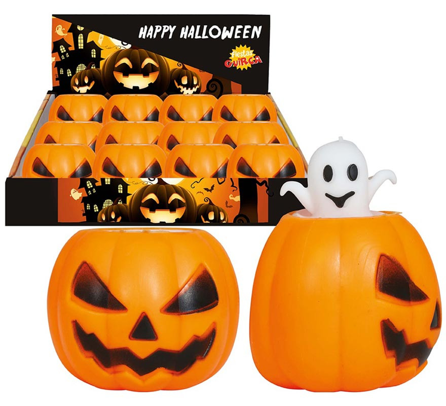 Box of 12 Rubber Pumpkins with Ghost 5 cm