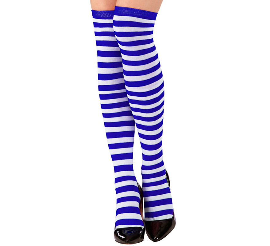Chaussettes hautes femme 64 cm à rayures blanches et bleues