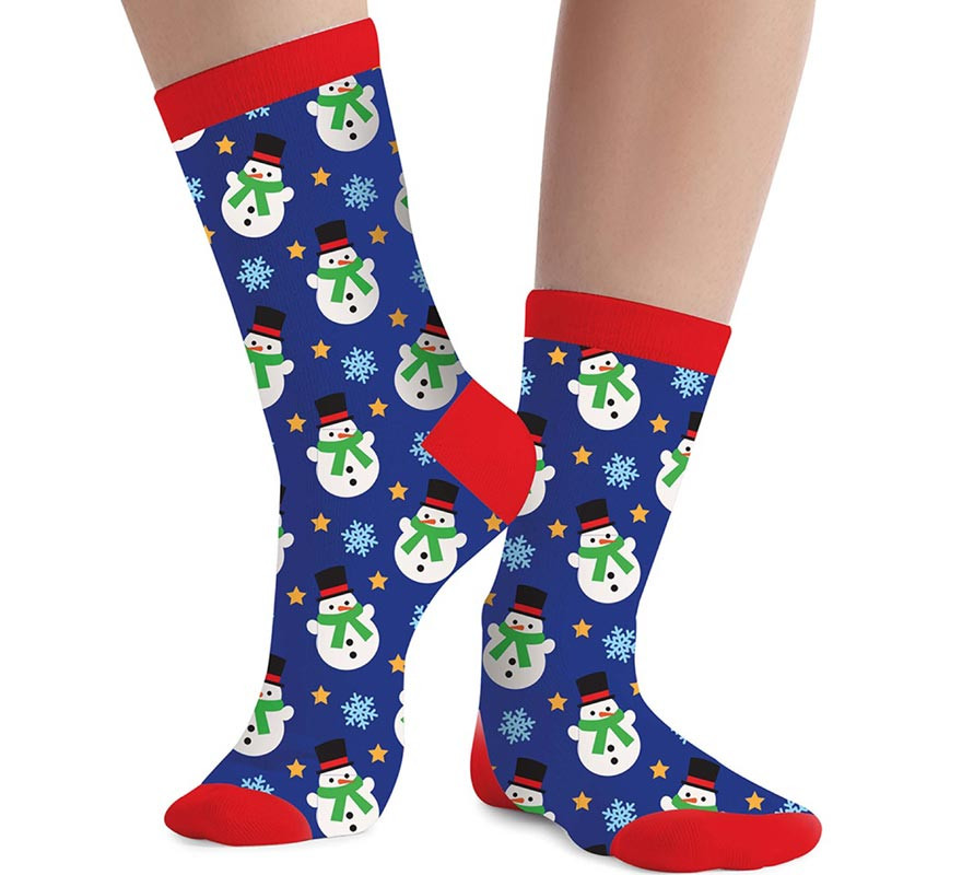 Blue Snowman Christmas Socks Size 22-28 Kids