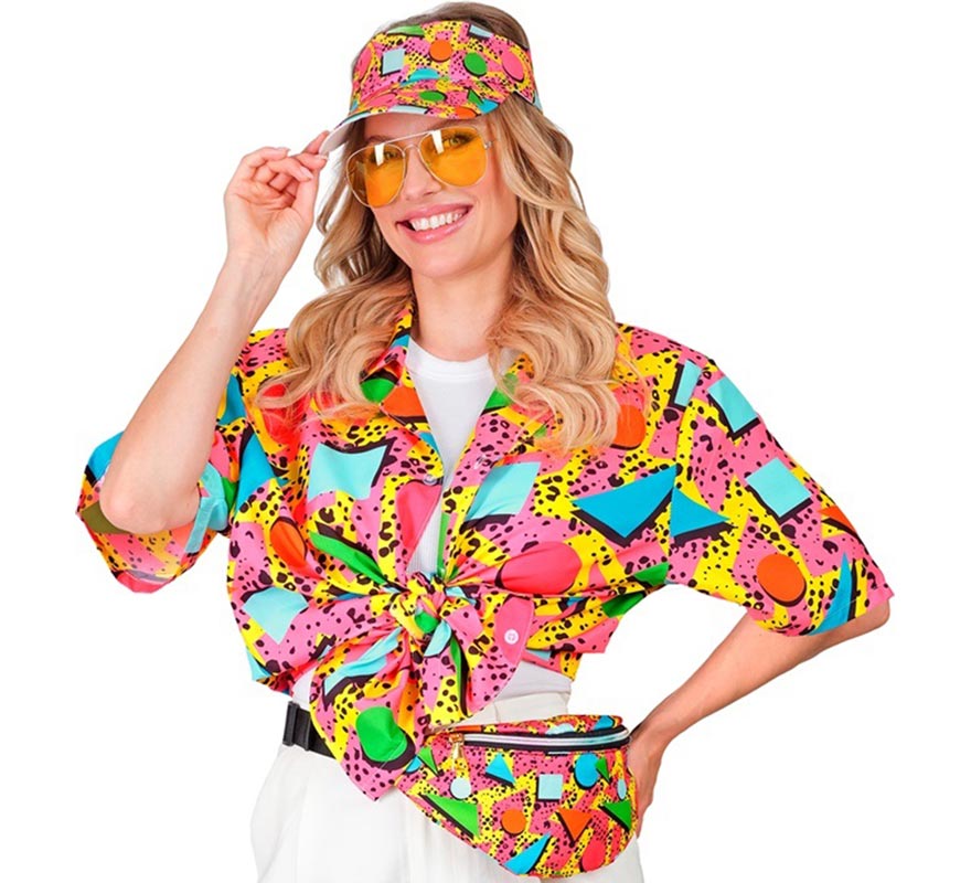 Camisa estampada multicolorida dos anos 80 para adultos