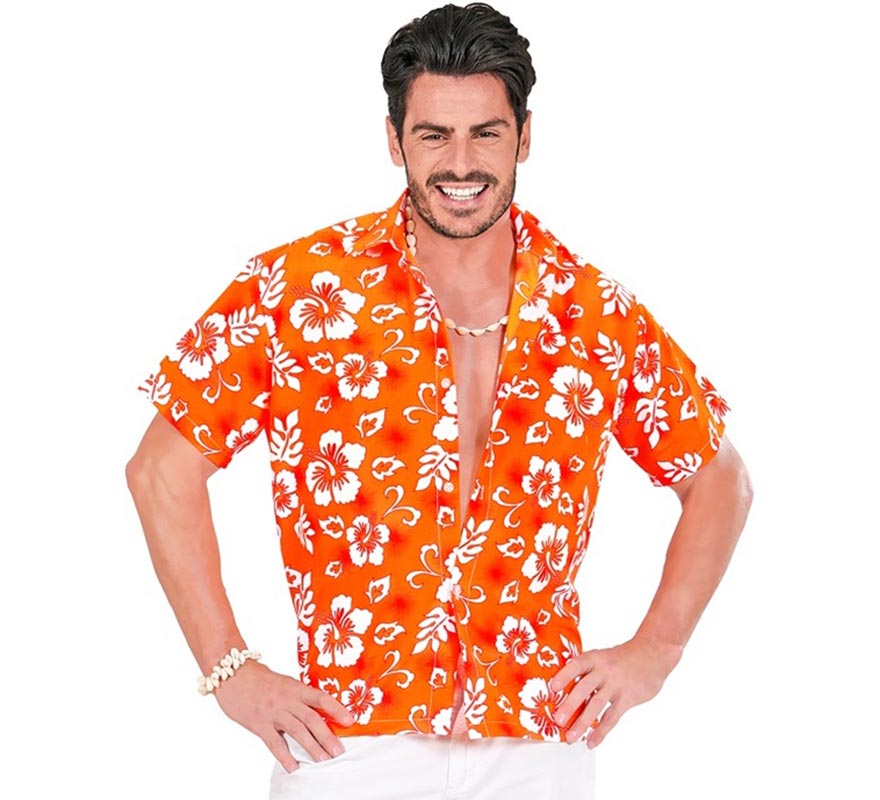 Camisa havaiana floral laranja masculina de manga curta