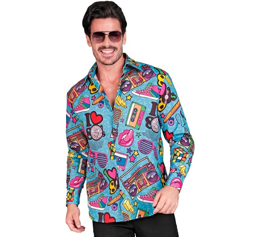 Camisa masculina de manga comprida com estampa retrô dos anos 80