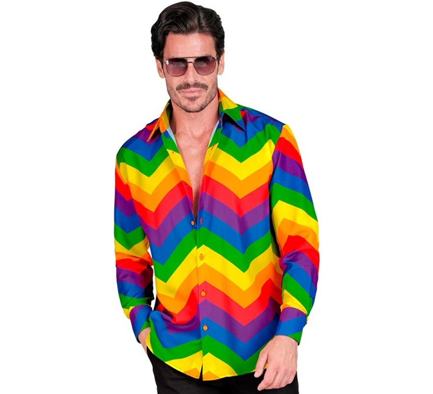 Camisa masculina de manga comprida com estampa arco-íris dos anos 80