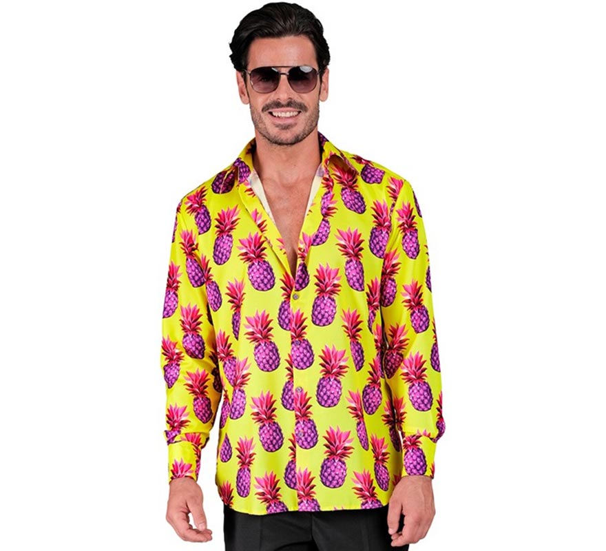 Camisa masculina de manga comprida com estampa de abacaxi neon