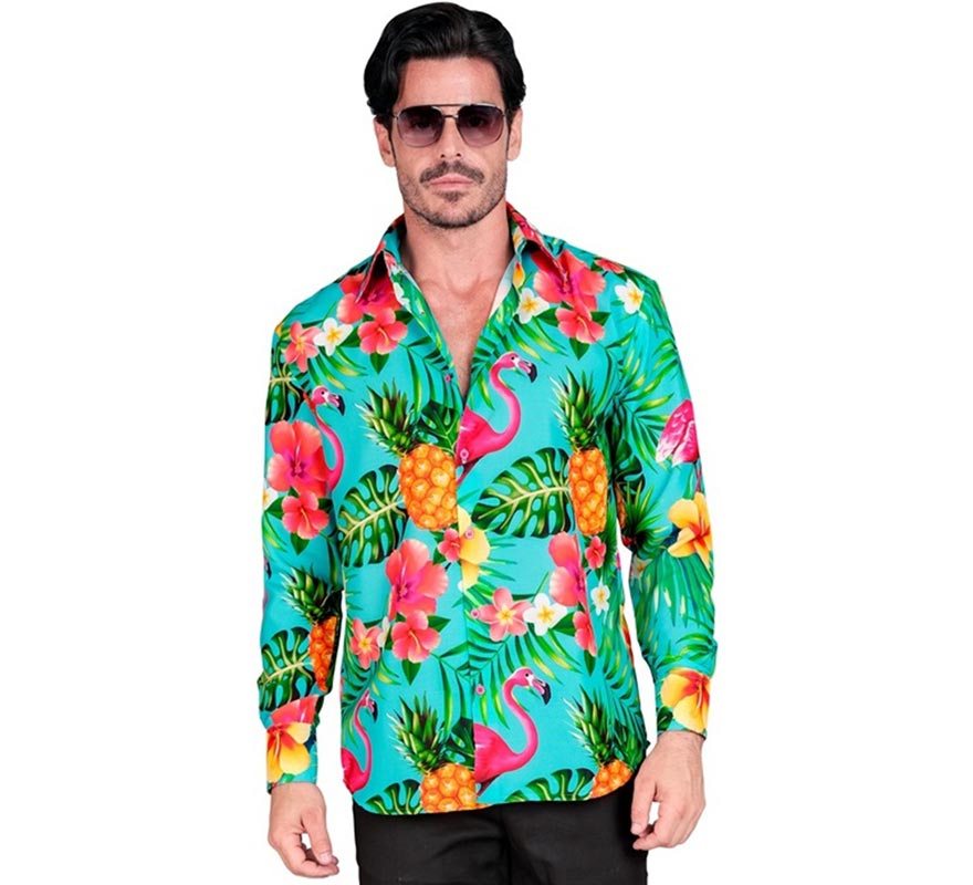 Camisa havaiana de manga comprida com estampa tropical masculina