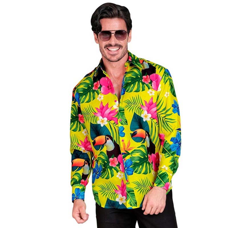 Camisa havaiana masculina de manga comprida com estampa de tucano