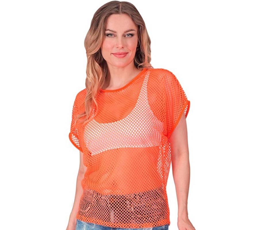 Camiseta feminina de malha laranja neon