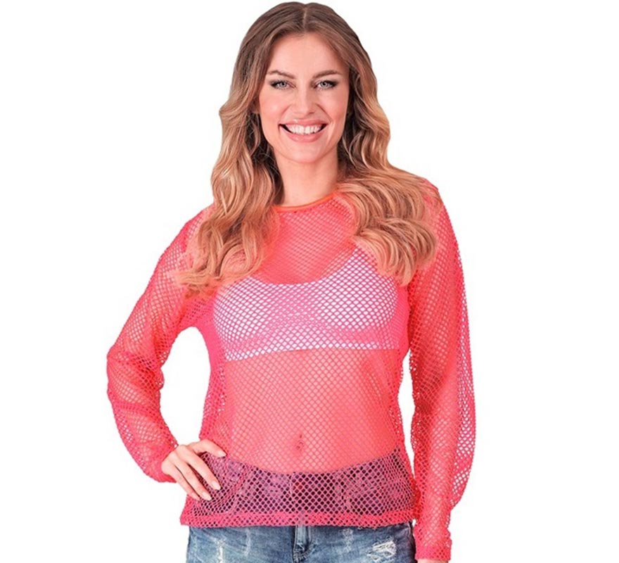 Camiseta feminina de manga comprida em malha rosa neon