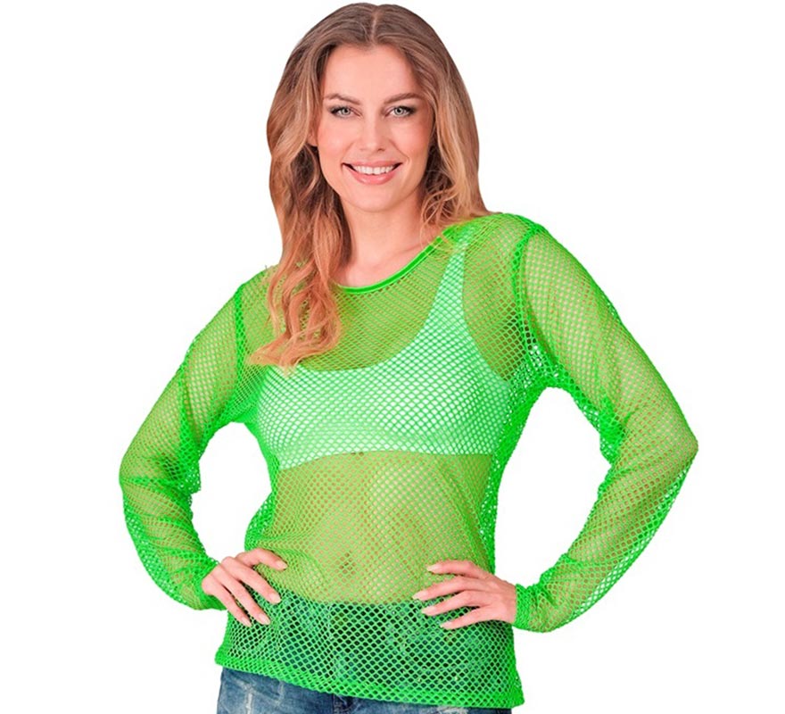 Camiseta feminina de manga comprida em malha verde neon