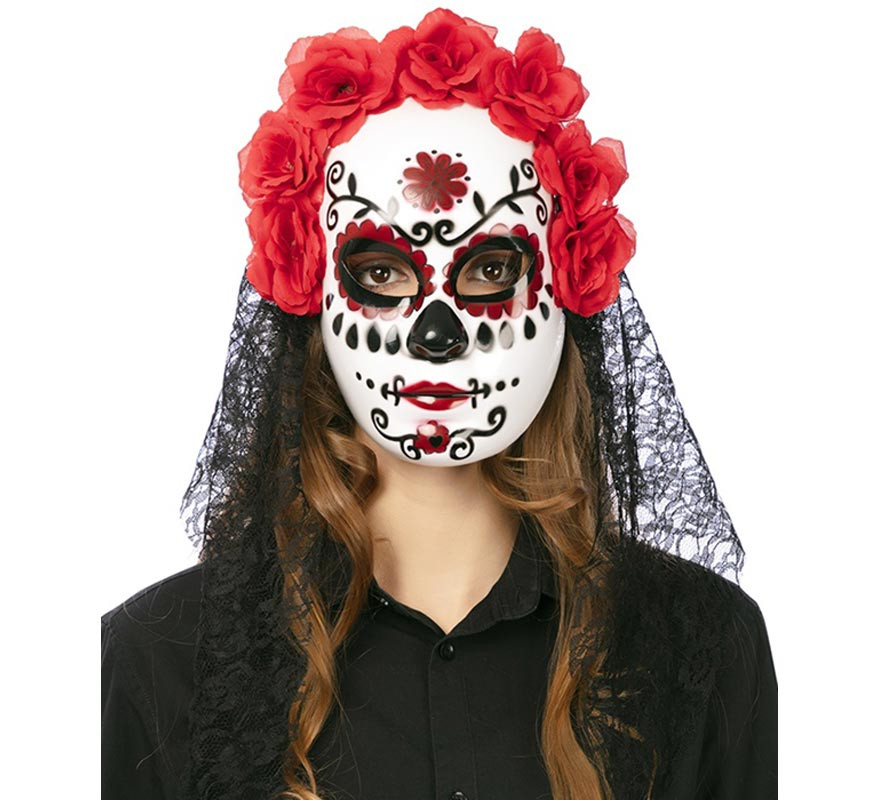 Catrina mask with flowers and adult veil 27x24 cm