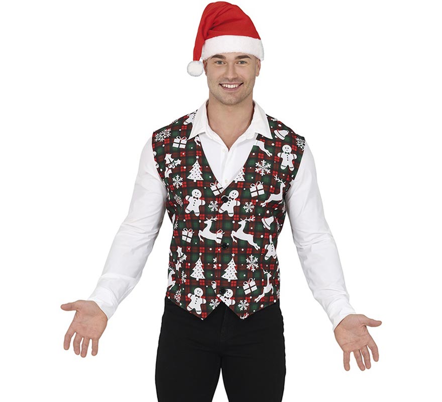 Adult green and red plaid vest with Christmas figures