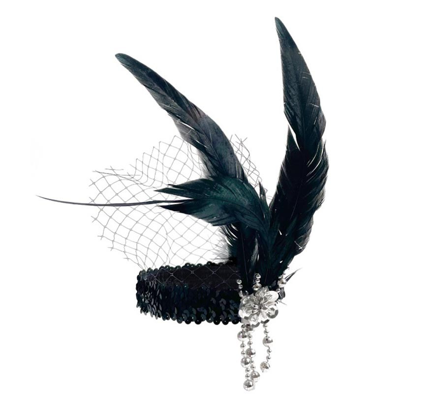 Black Charleston ribbon with feathers and veil from the 20s