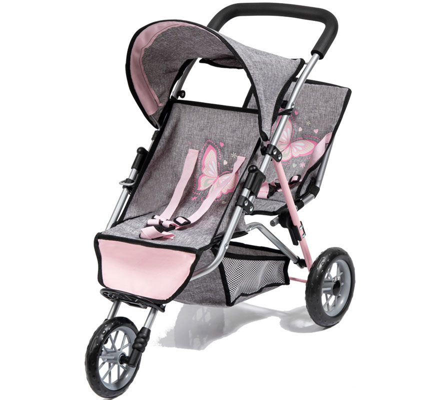 Cochecito de Muñecas Gemelar Mariposa con 3 Ruedas