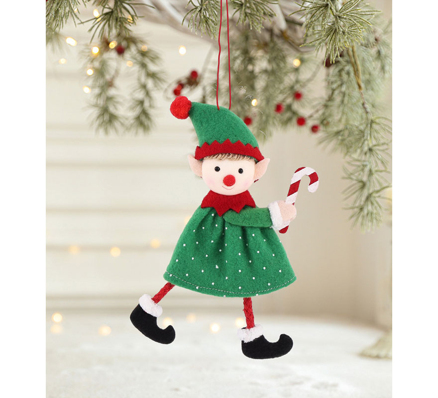 Colgante Navideño de Elfo con Bastón de Caramelo de 16 cm