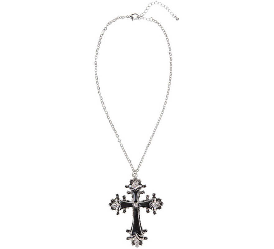 Black Cross Pendant Necklace with Rhinestones