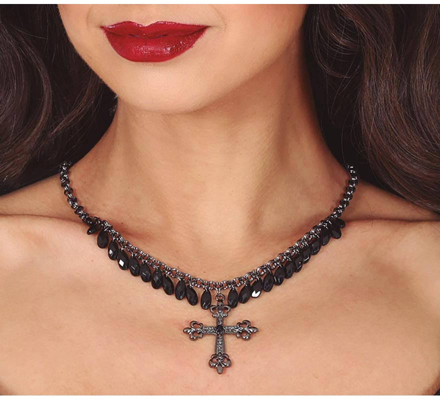 Cross Necklace with Black Stones