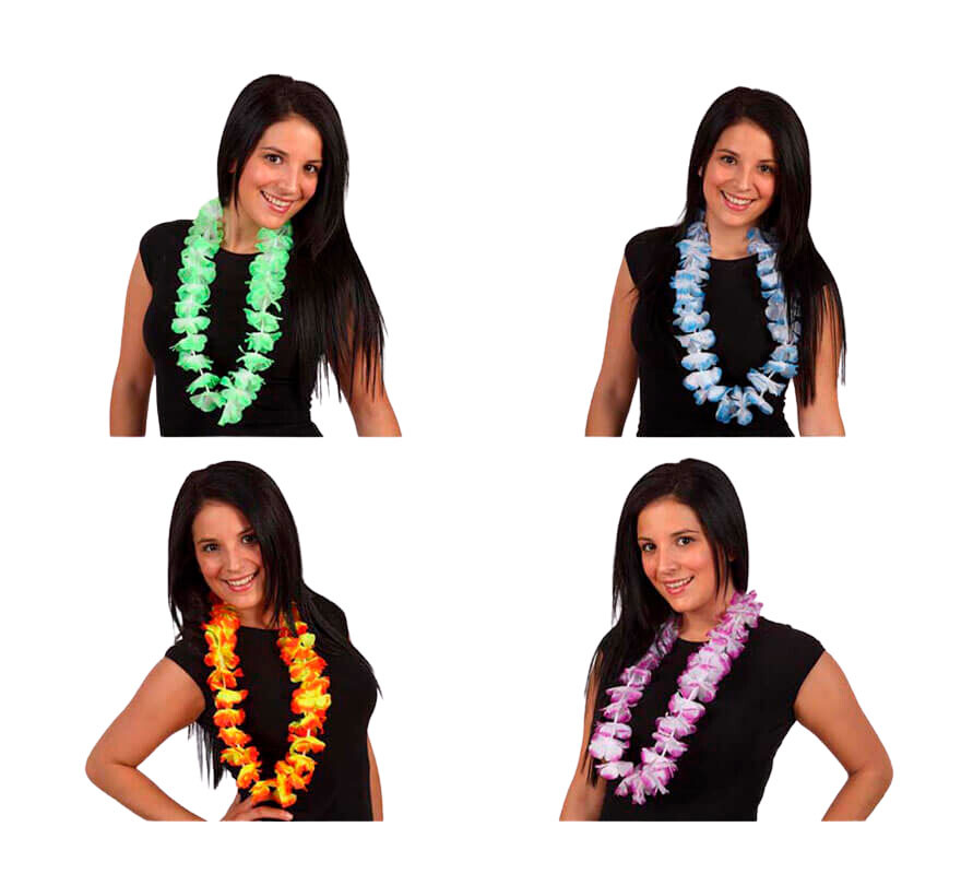 Collar Hawaiano flores de tela bicolor 4 surtidos