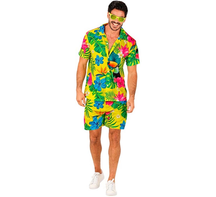 Conjunto de verão com estampa de tucano: camisa e shorts masculinos
