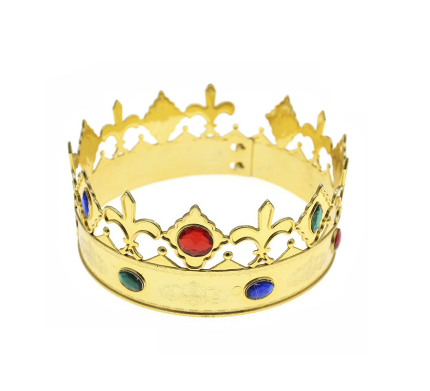 Corona rey dorada con gemas de tela en bolsa con solapa de cartón