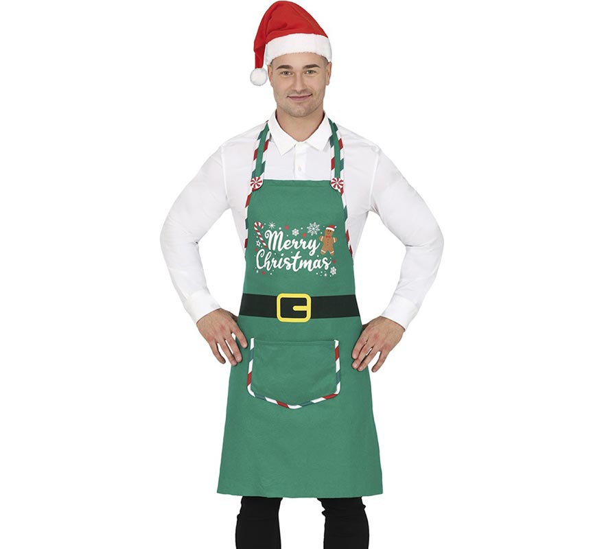 Merry Christmas green apron with pocket for adults