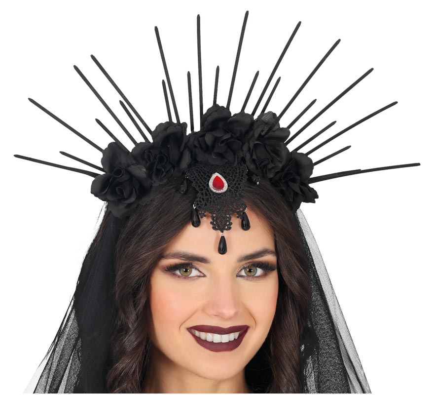 Headband with Veil and Black Flowers