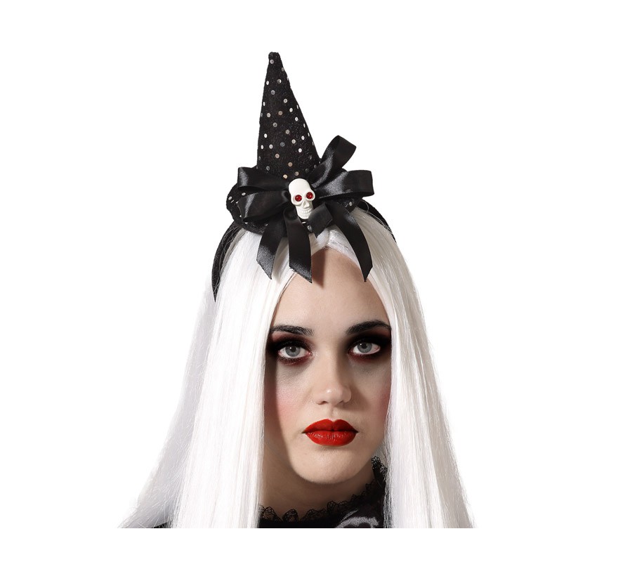 Witch Headband with Mini Black Hat and Skull