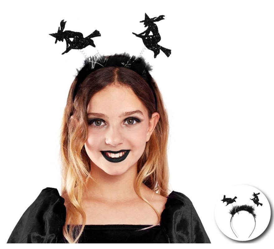 Tiara de bruxa preta com penas infantis