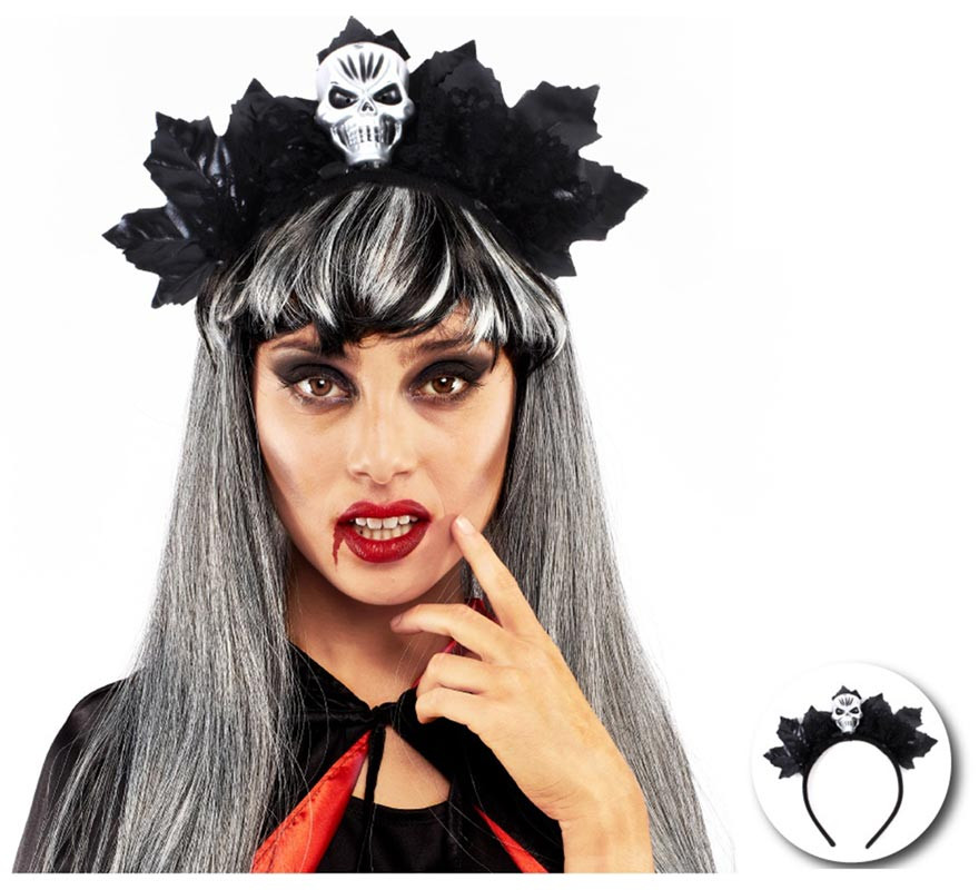 Tiara de caveira com folhas pretas