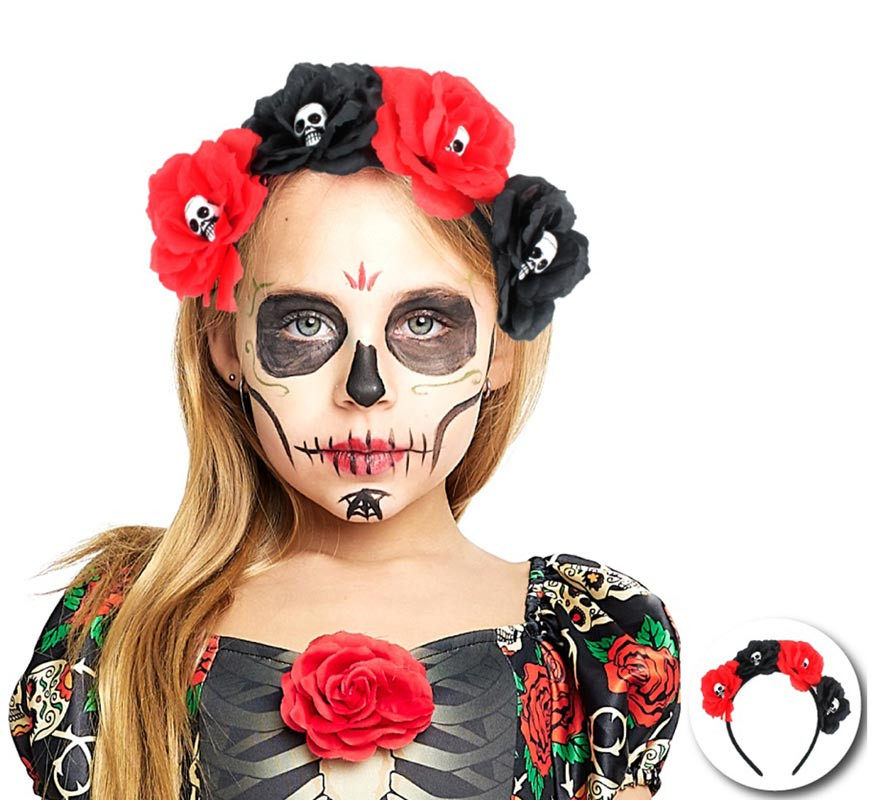 Tiara de caveira com rosas para criança