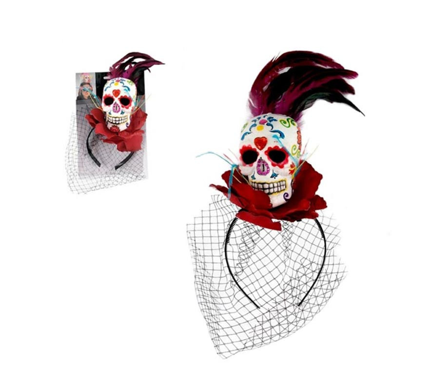 Day of the Dead Skull Headband with Veil