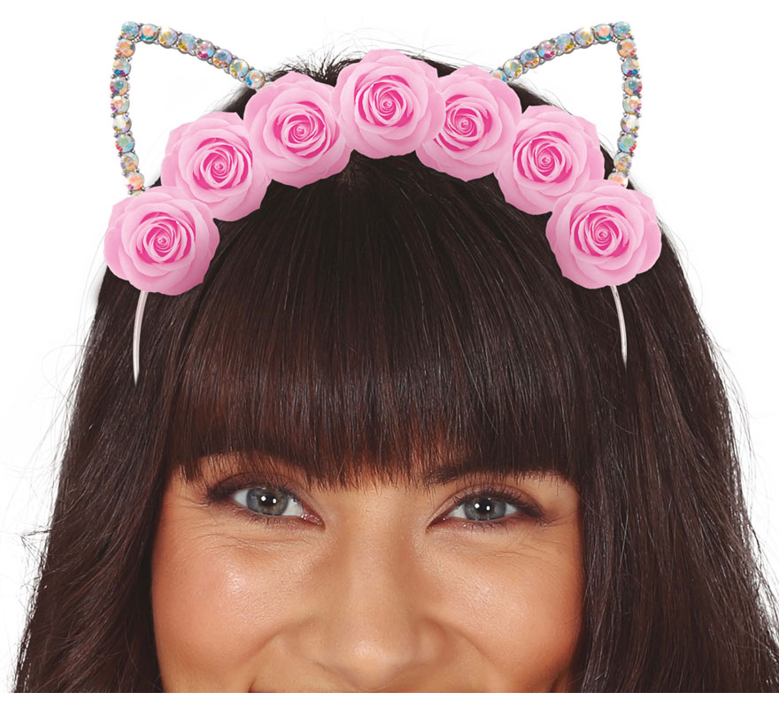 Adult cat headband with metallic flowers