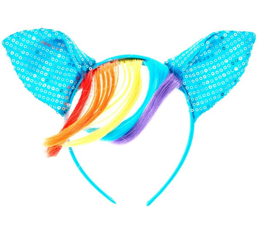 Bandeau Poney Bleu avec Paillettes et Cheveux Arc-en-ciel