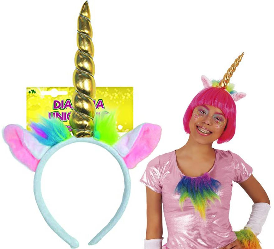 Cerchietto per unicorno multicolore con corno dorato per bambini