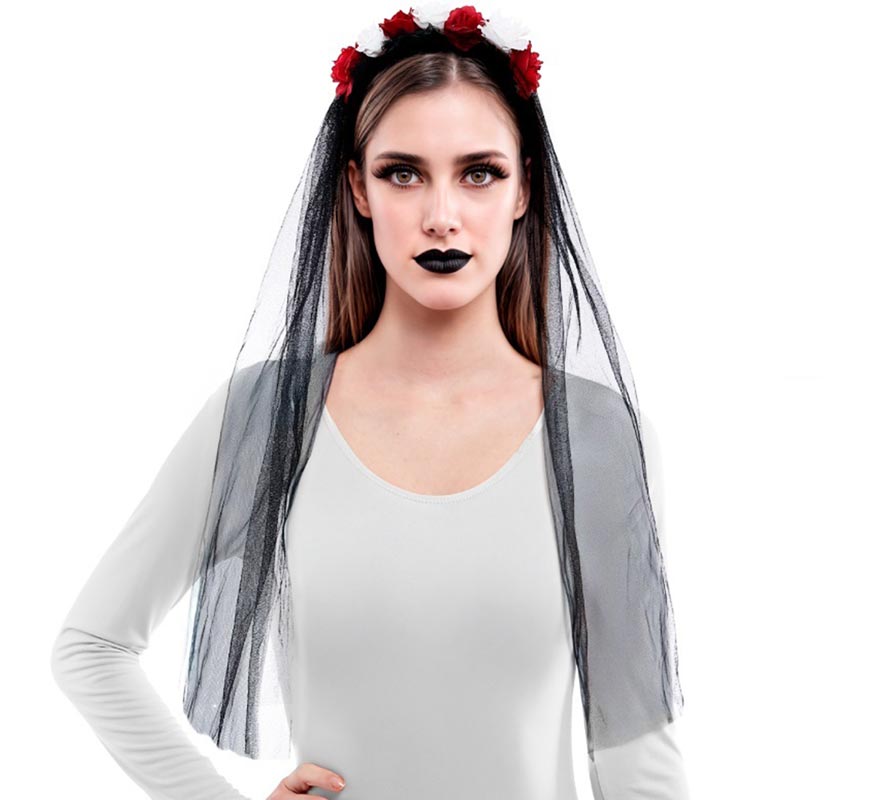 Tiara de flores com véu preto