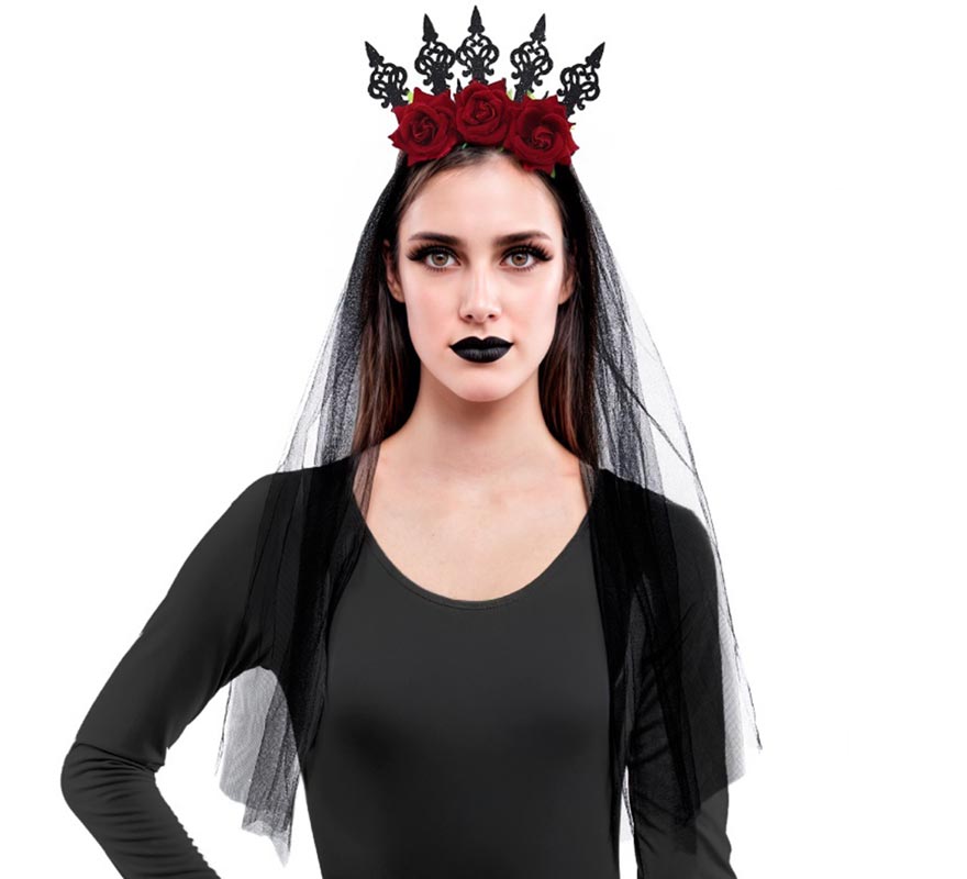 Rose Headband with Black Veil