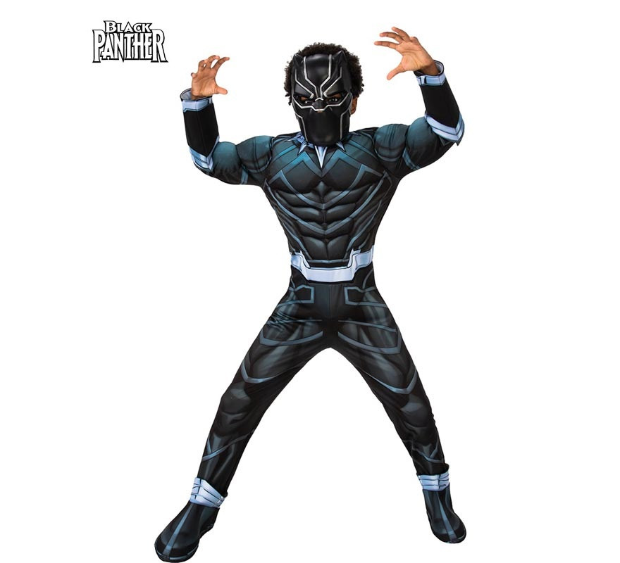 Boys Deluxe Muscle Black Panther Costume with Mask