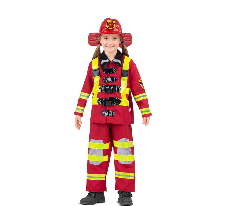 Red and yellow firefighter costume with helmet for children