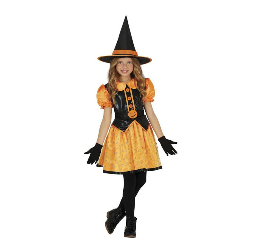 Costume De Sorcière Halloween Pour Fille - Robe Avec Chapeau, Manches élastiques, Tailles 3-12 Ans